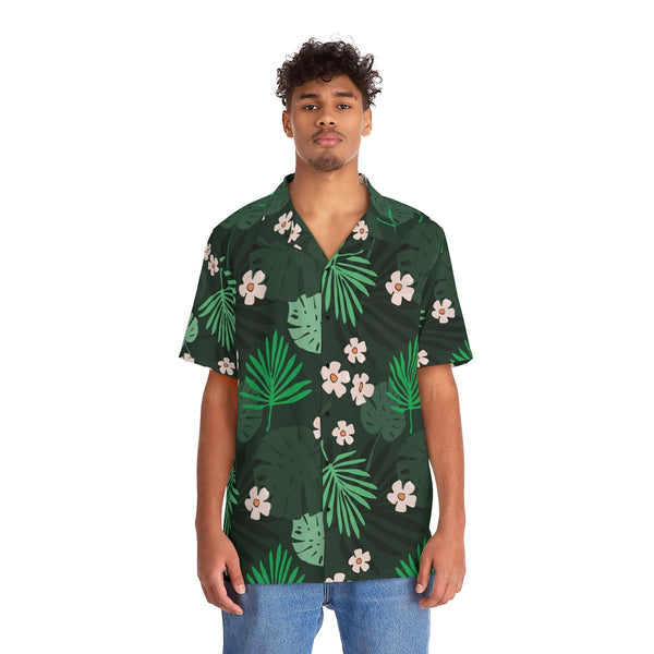 Palm Leaves with Pink Flowers Hawaiian Shirt