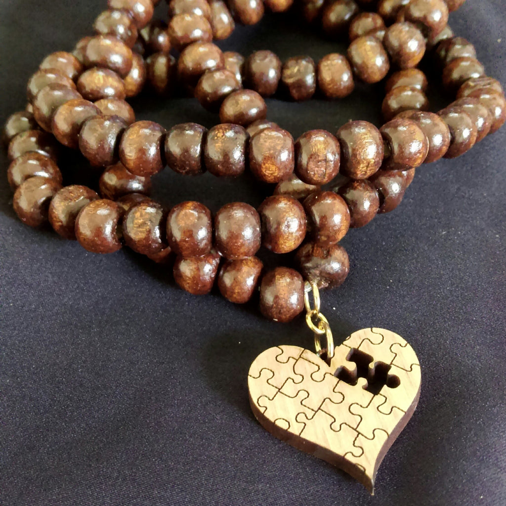 Layered Wood Bracelet with Heart Charm // Wood Beaded Bracelet