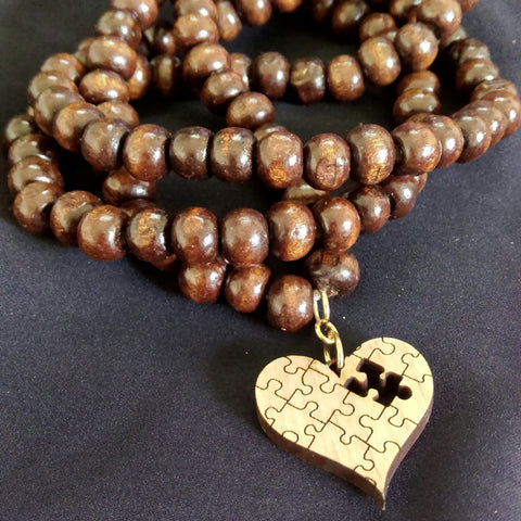 Layered Wood Bracelet with Heart Charm // Wood Beaded Bracelet