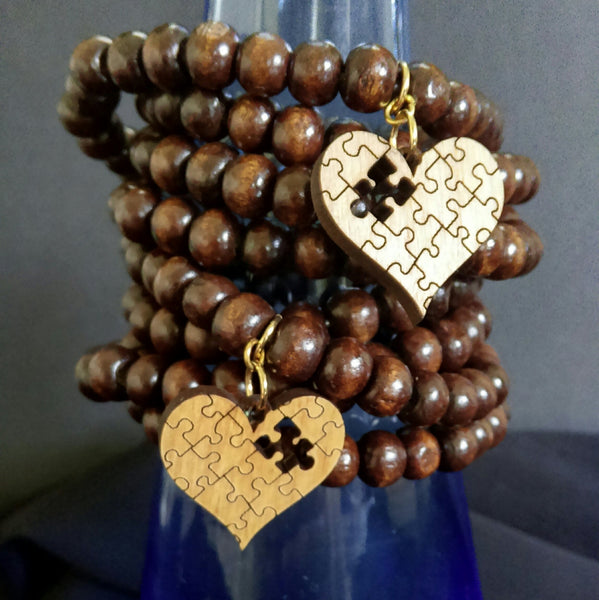 Layered Wood Bracelet with Heart Charm // Wood Beaded Bracelet