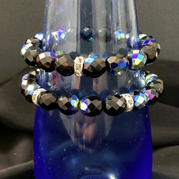 Jet AB Glass Stretch Bracelet // Glass Beaded Bracelet