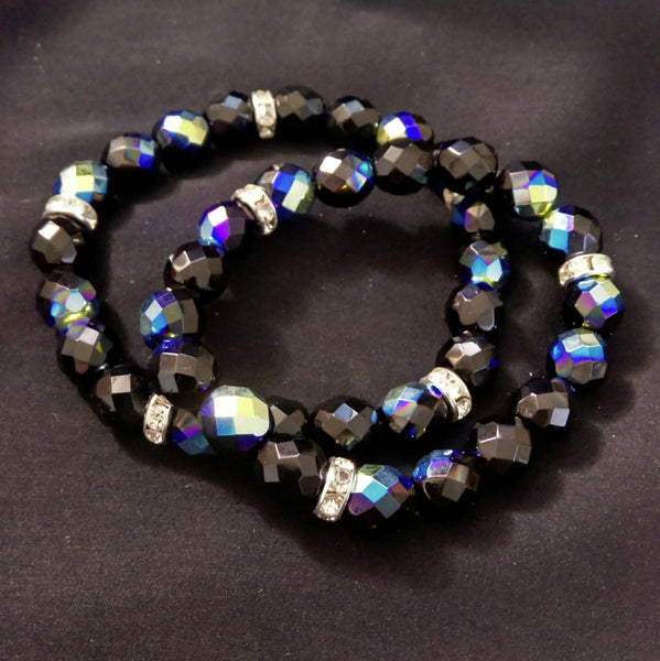 Jet AB Glass Stretch Bracelet // Glass Beaded Bracelet