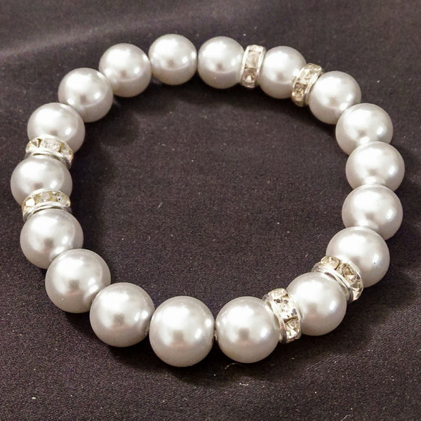 Silver Faux Pearl Stretch Bracelet // Glass Beaded Bracelet