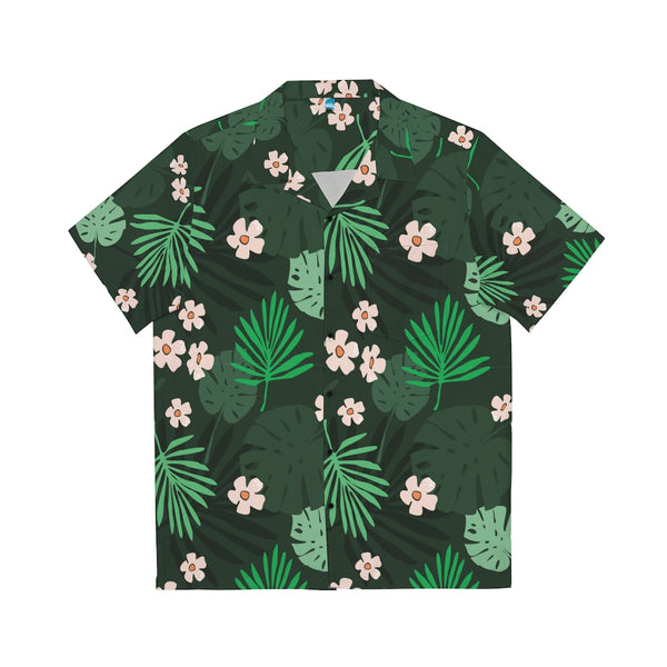 Palm Leaves with Pink Flowers Hawaiian Shirt