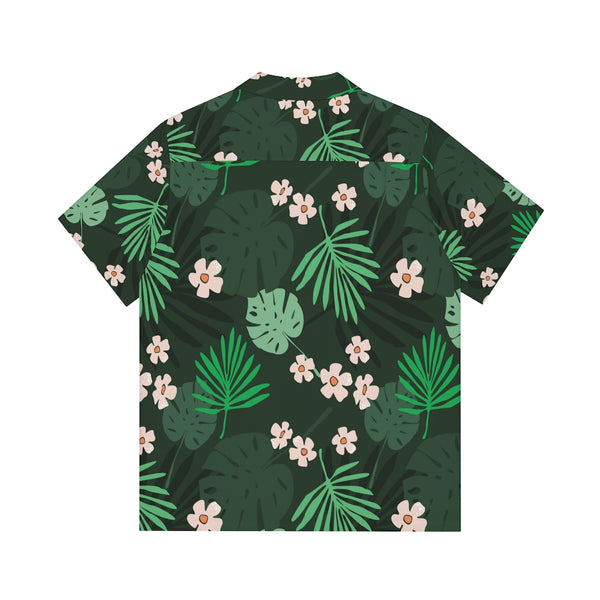 Palm Leaves with Pink Flowers Hawaiian Shirt