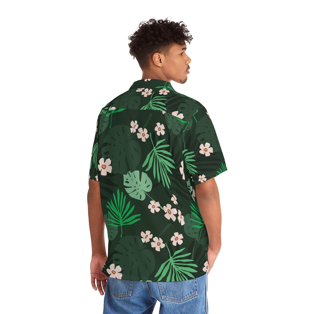 Palm Leaves with Pink Flowers Hawaiian Shirt
