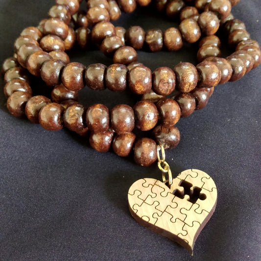 Layered Wood Bracelet with Heart Charm // Wood Beaded Bracelet