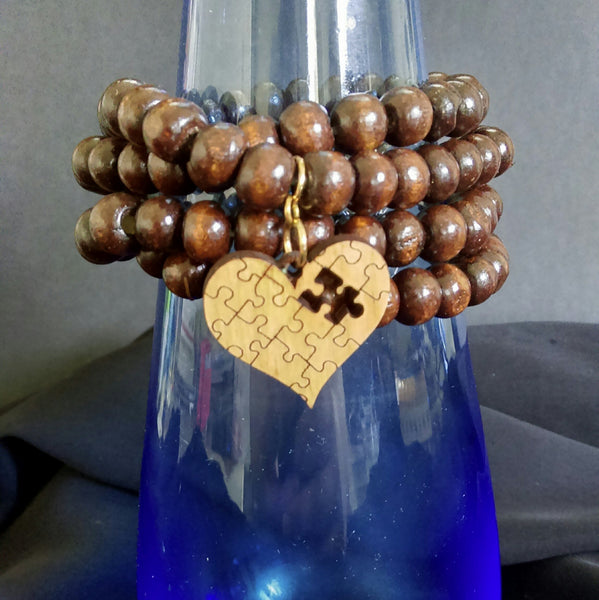 Layered Wood Bracelet with Heart Charm // Wood Beaded Bracelet