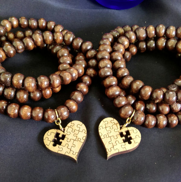 Layered Wood Bracelet with Heart Charm // Wood Beaded Bracelet