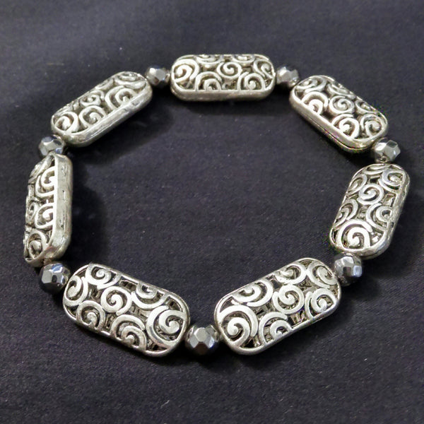 Hematite & Hollow Silver Stretch Bracelet // Metal Beaded Bracelet // Gemstone Bracelet