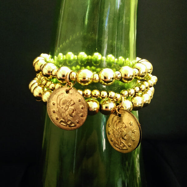 Gold Coin Stretchy Bracelet Set // Acrylic Beaded Bracelet