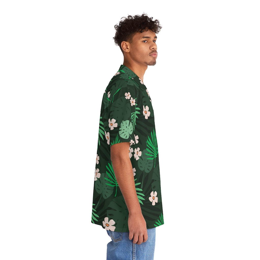 Palm Leaves with Pink Flowers Hawaiian Shirt