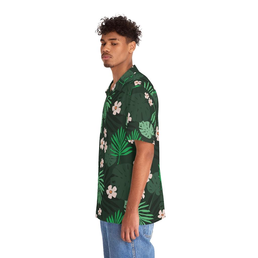 Palm Leaves with Pink Flowers Hawaiian Shirt