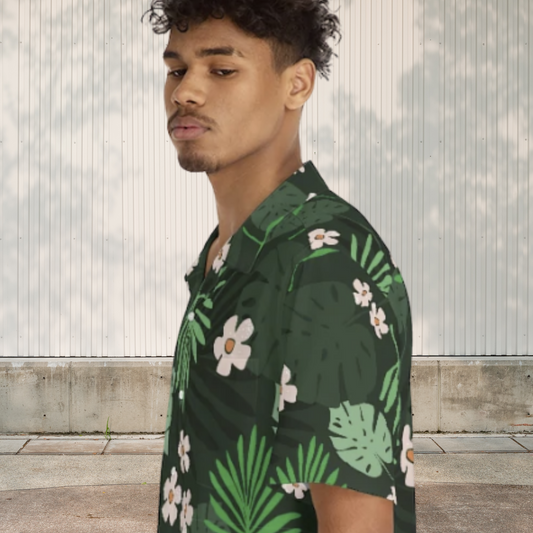 Palm Leaves with Pink Flowers Hawaiian Shirt